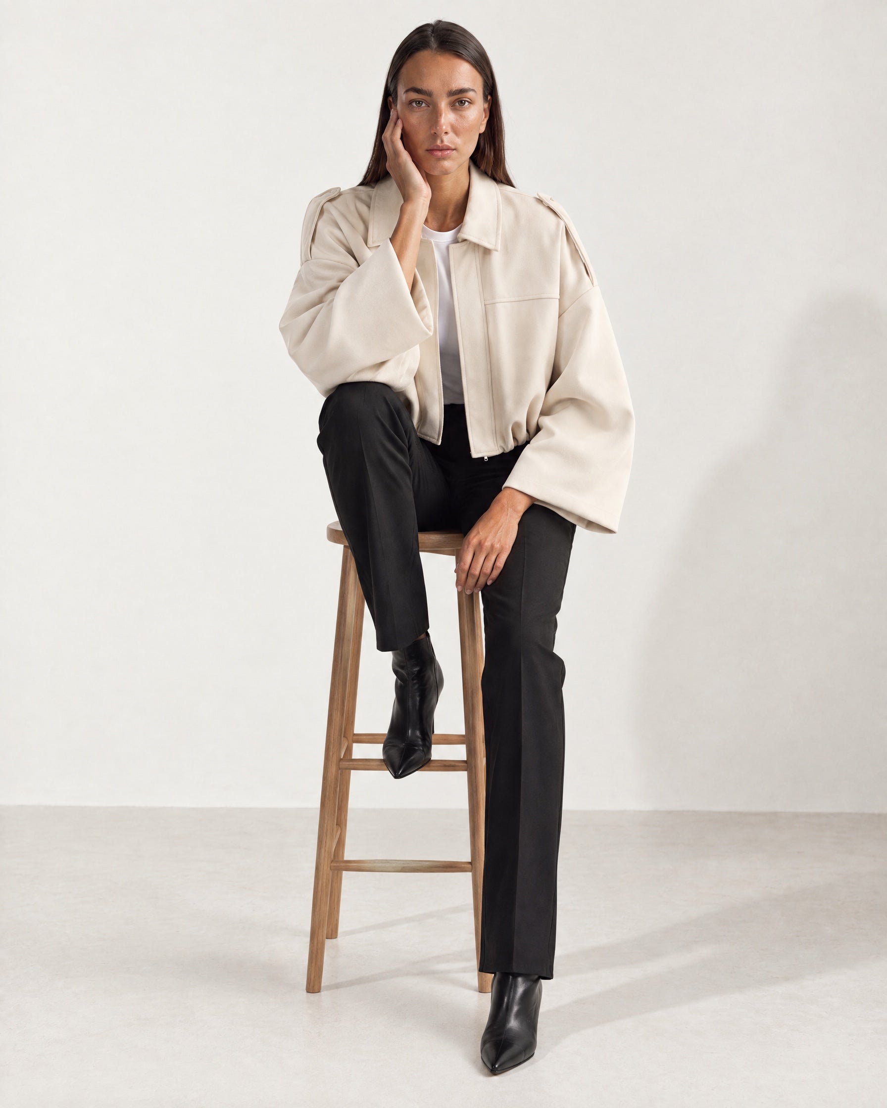 Cream Bomber Jacket Oversized Cropped Jacket with Batwing Sleeves and Hidden Zip