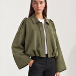Olive Bomber Jacket Oversized Cropped Jacket with Batwing Sleeves and Hidden Zip