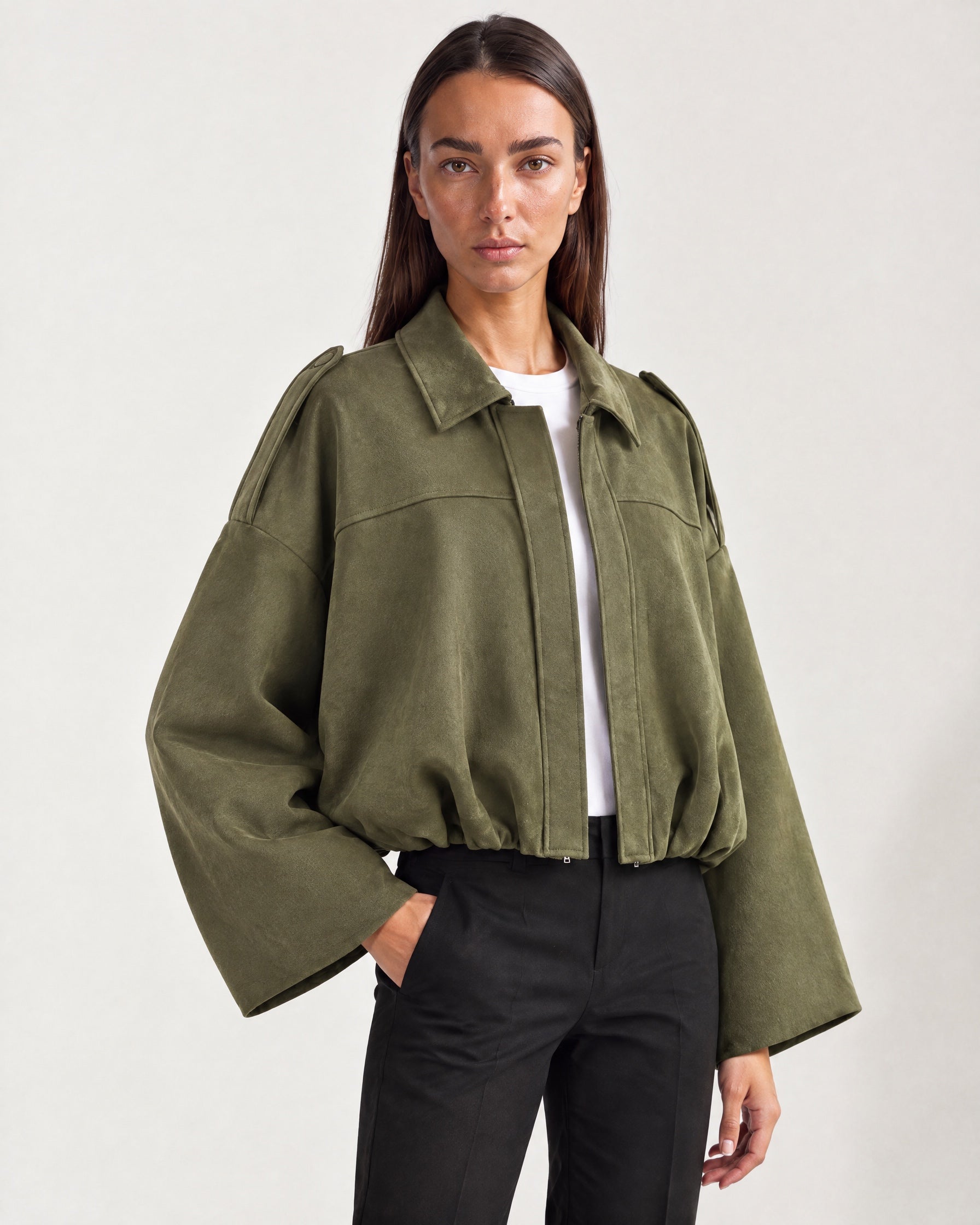 Olive Bomber Jacket Oversized Cropped Jacket with Batwing Sleeves and Hidden Zip