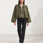 Olive Bomber Jacket Oversized Cropped Jacket with Batwing Sleeves and Hidden Zip