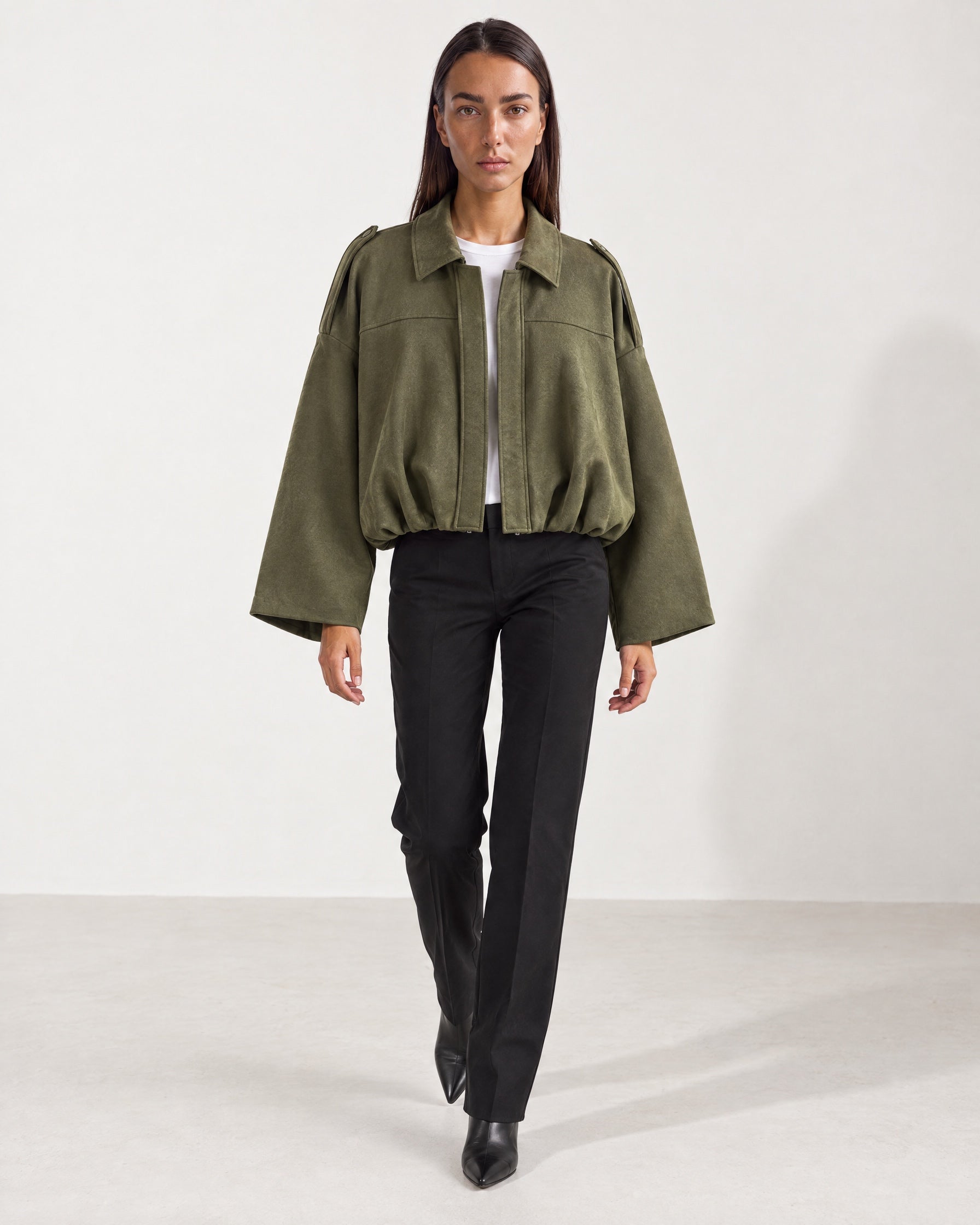 Olive Bomber Jacket Oversized Cropped Jacket with Batwing Sleeves and Hidden Zip
