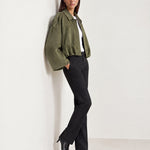 Olive Bomber Jacket Oversized Cropped Jacket with Batwing Sleeves and Hidden Zip