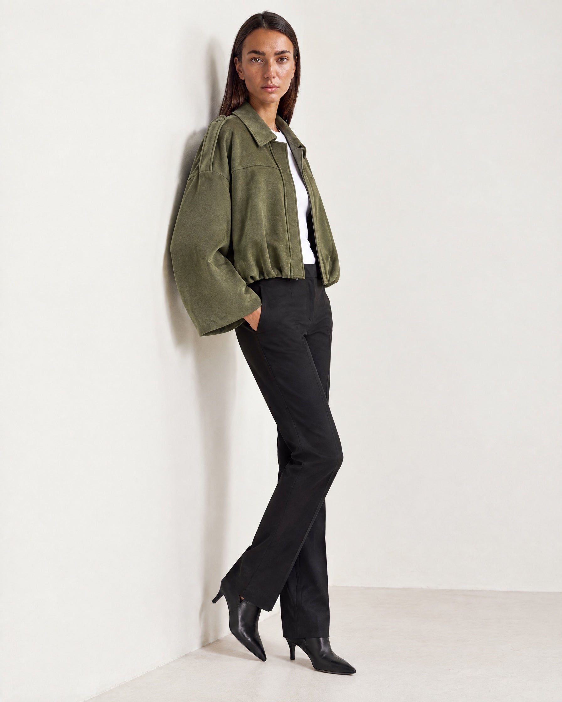 Olive Bomber Jacket Oversized Cropped Jacket with Batwing Sleeves and Hidden Zip