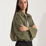 Olive Bomber Jacket Oversized Cropped Jacket with Batwing Sleeves and Hidden Zip