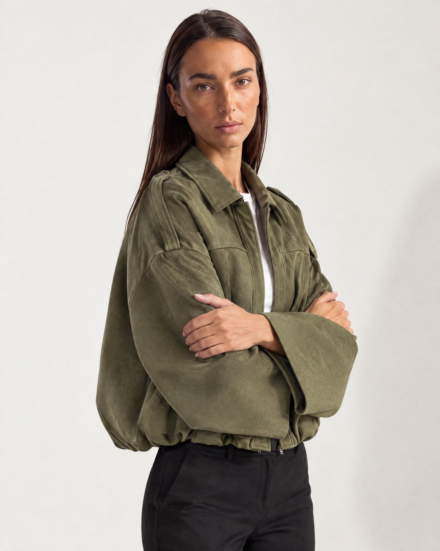 Olive Bomber Jacket Oversized Cropped Jacket with Batwing Sleeves and Hidden Zip