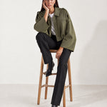 Olive Bomber Jacket Oversized Cropped Jacket with Batwing Sleeves and Hidden Zip
