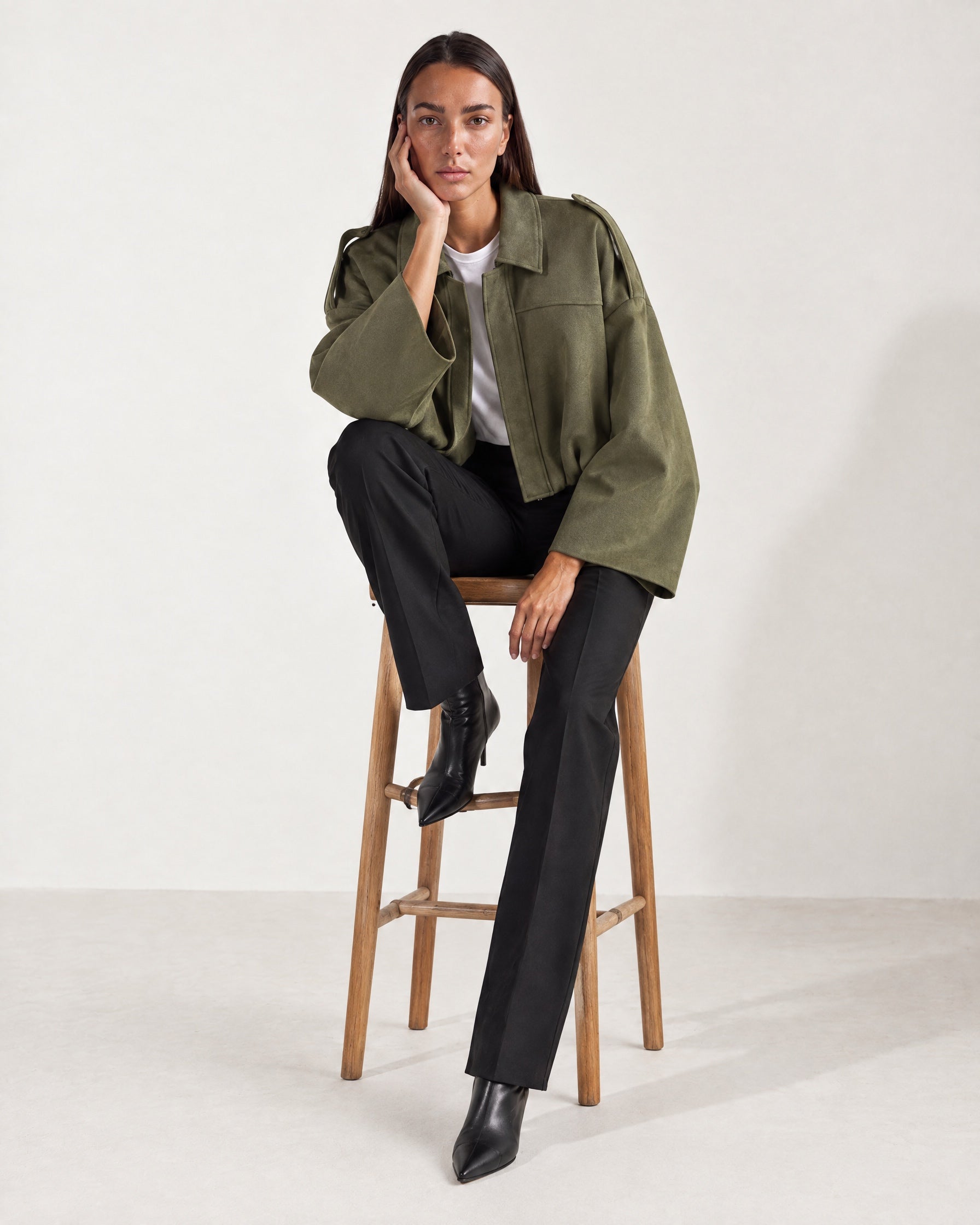 Olive Bomber Jacket Oversized Cropped Jacket with Batwing Sleeves and Hidden Zip