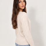 Beige Cable Knit Jumper Sequin Crew Neck