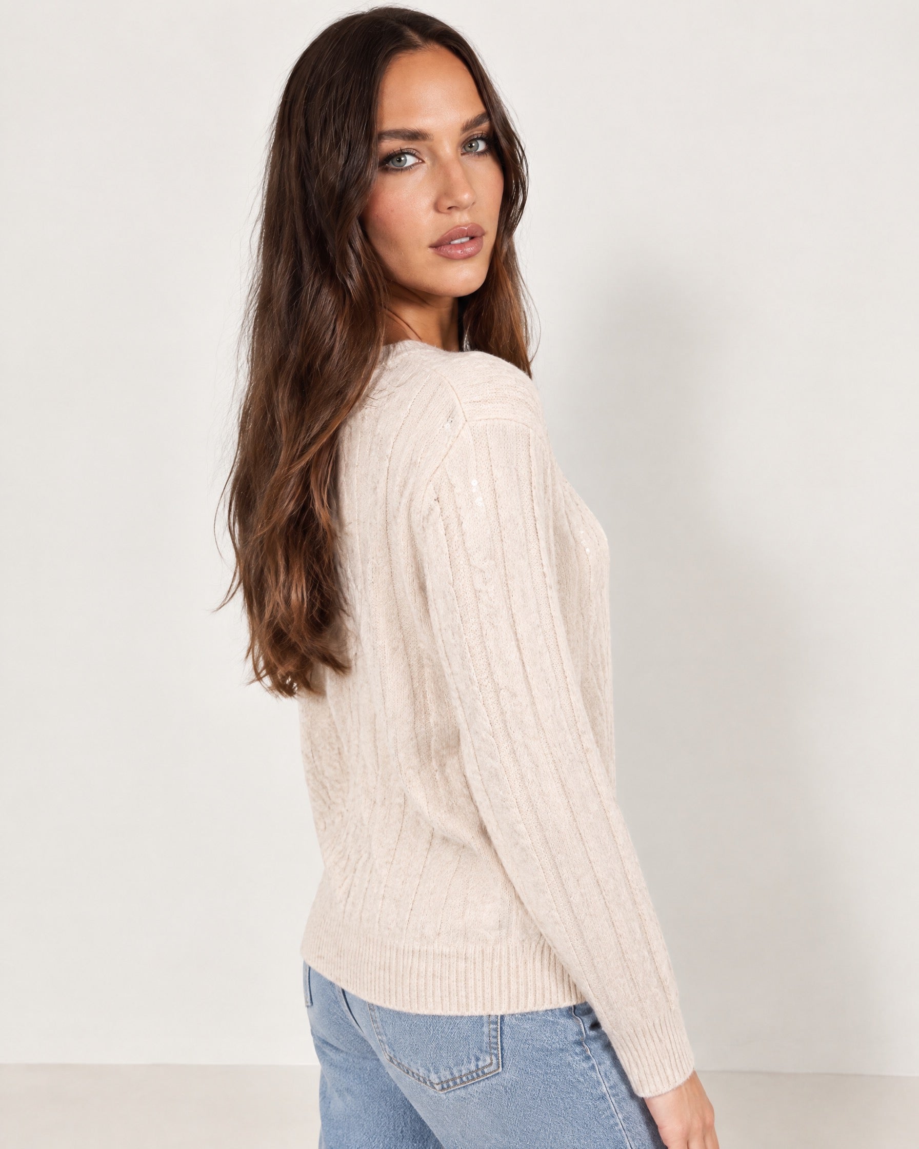 Beige Cable Knit Jumper Sequin Crew Neck