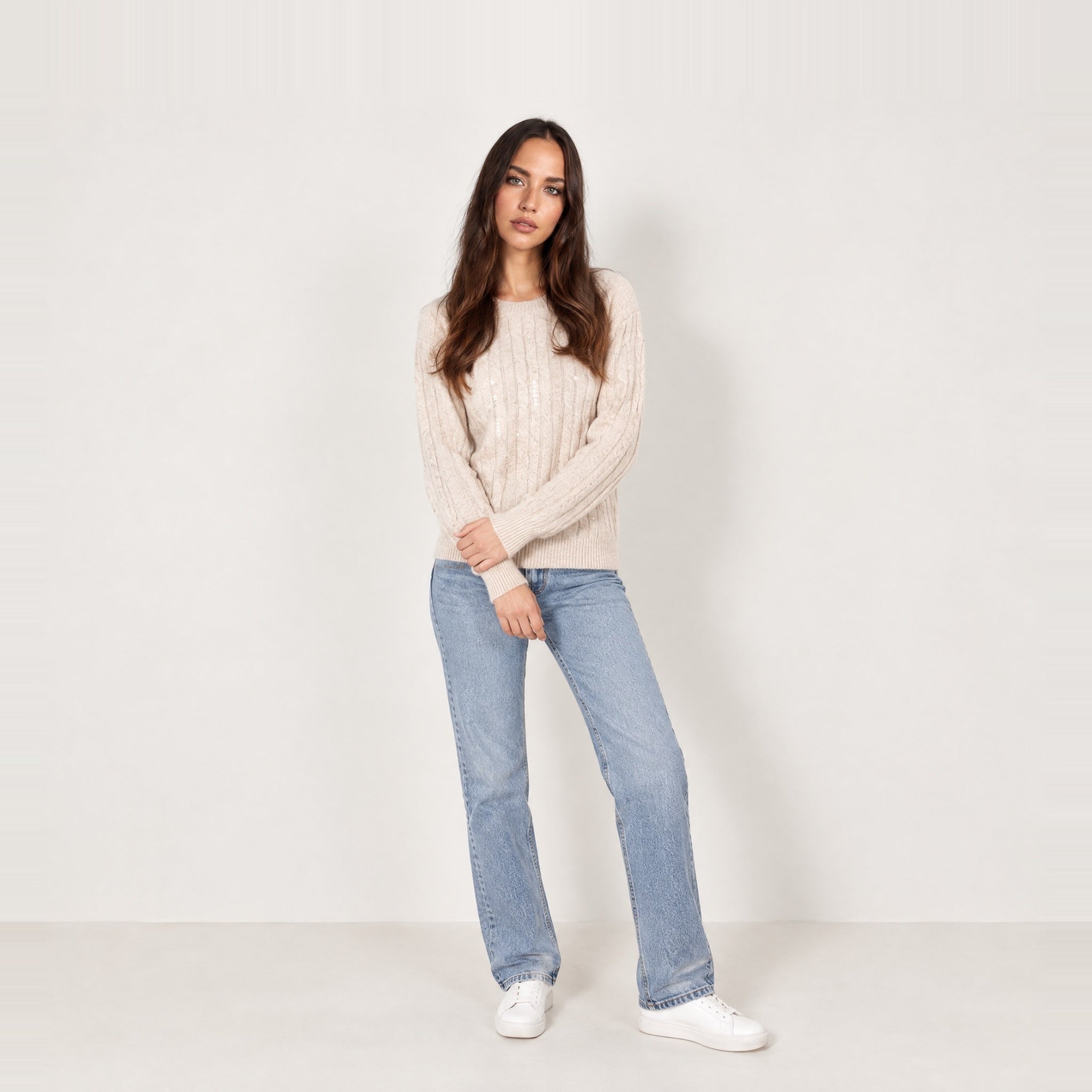 Beige Cable Knit Jumper Sequin Crew Neck