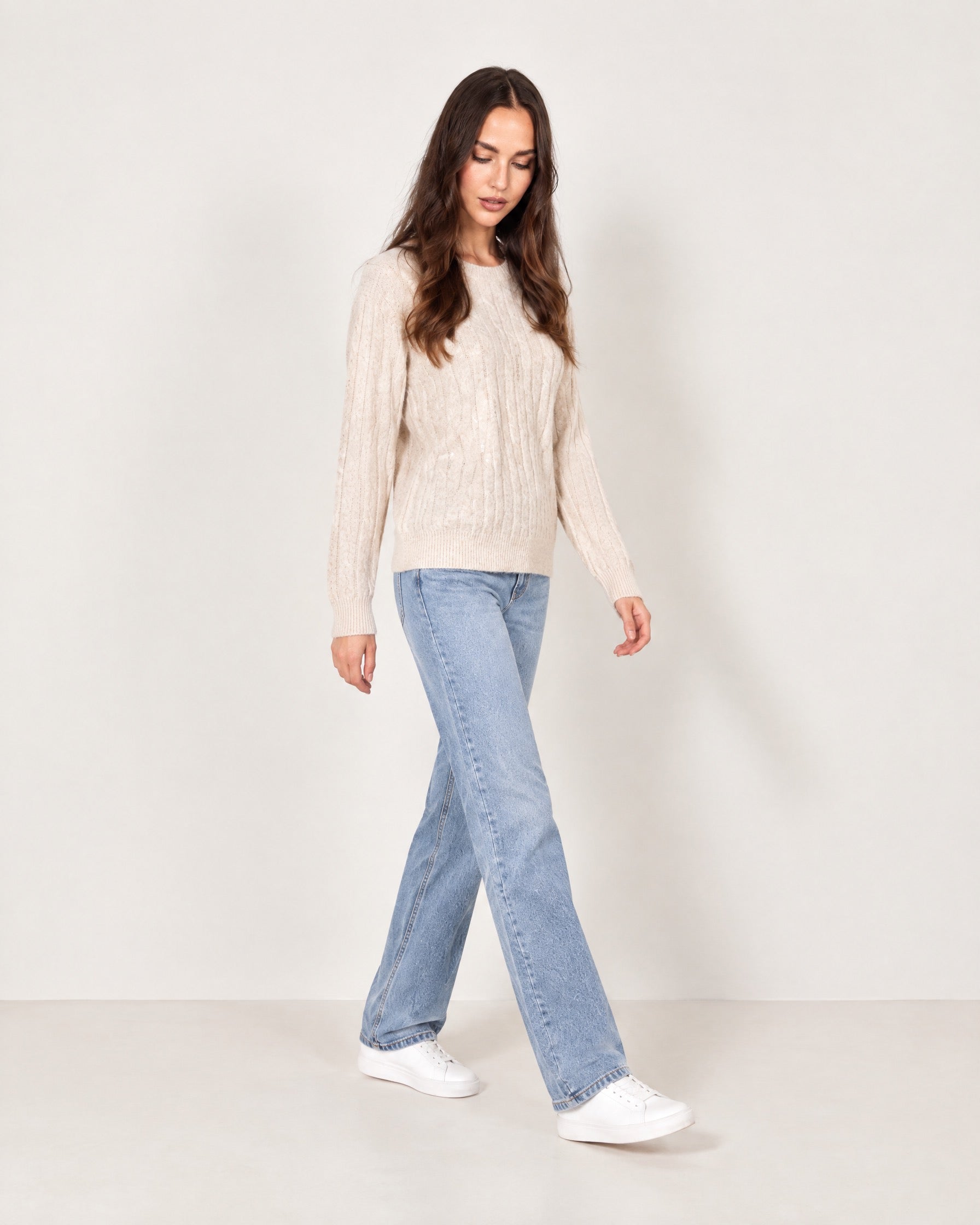 Beige Cable Knit Jumper Sequin Crew Neck