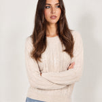 Beige Cable Knit Jumper Sequin Crew Neck