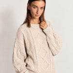 Beige Cable Knit Jumper Oversized Crew Neck Sweater with Diamond Pattern