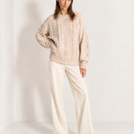 Beige Cable Knit Jumper Oversized Crew Neck Sweater with Diamond Pattern