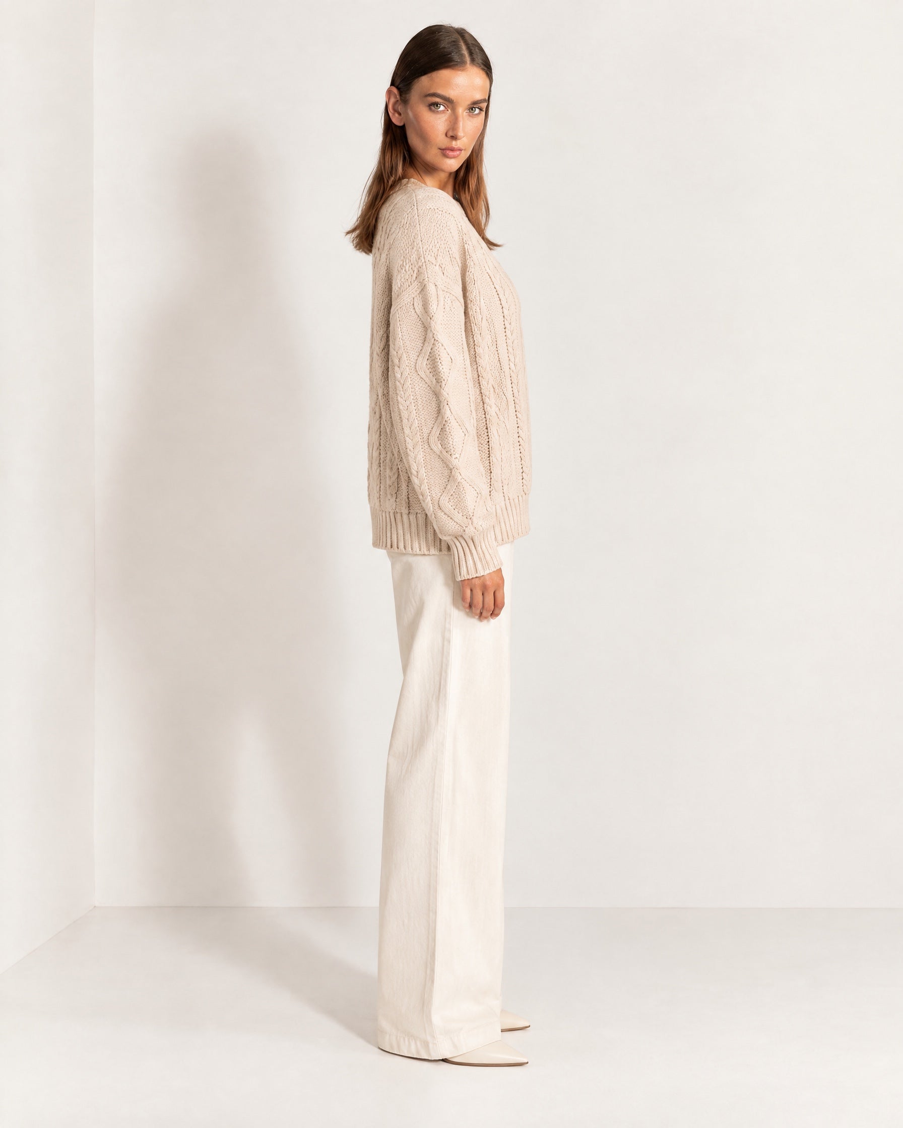 Beige Cable Knit Jumper Oversized Crew Neck Sweater with Diamond Pattern