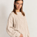 Beige Cable Knit Jumper Oversized Crew Neck Sweater with Diamond Pattern