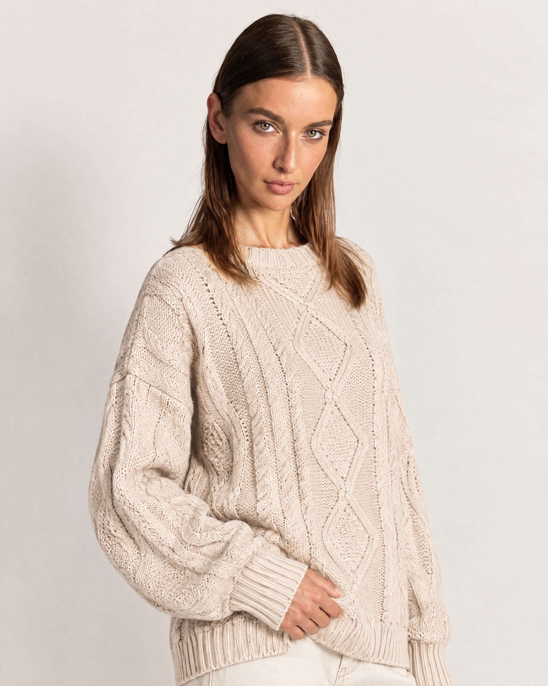 Beige Cable Knit Jumper Oversized Crew Neck Sweater with Diamond Pattern