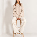 Beige Cable Knit Jumper Oversized Crew Neck Sweater with Diamond Pattern