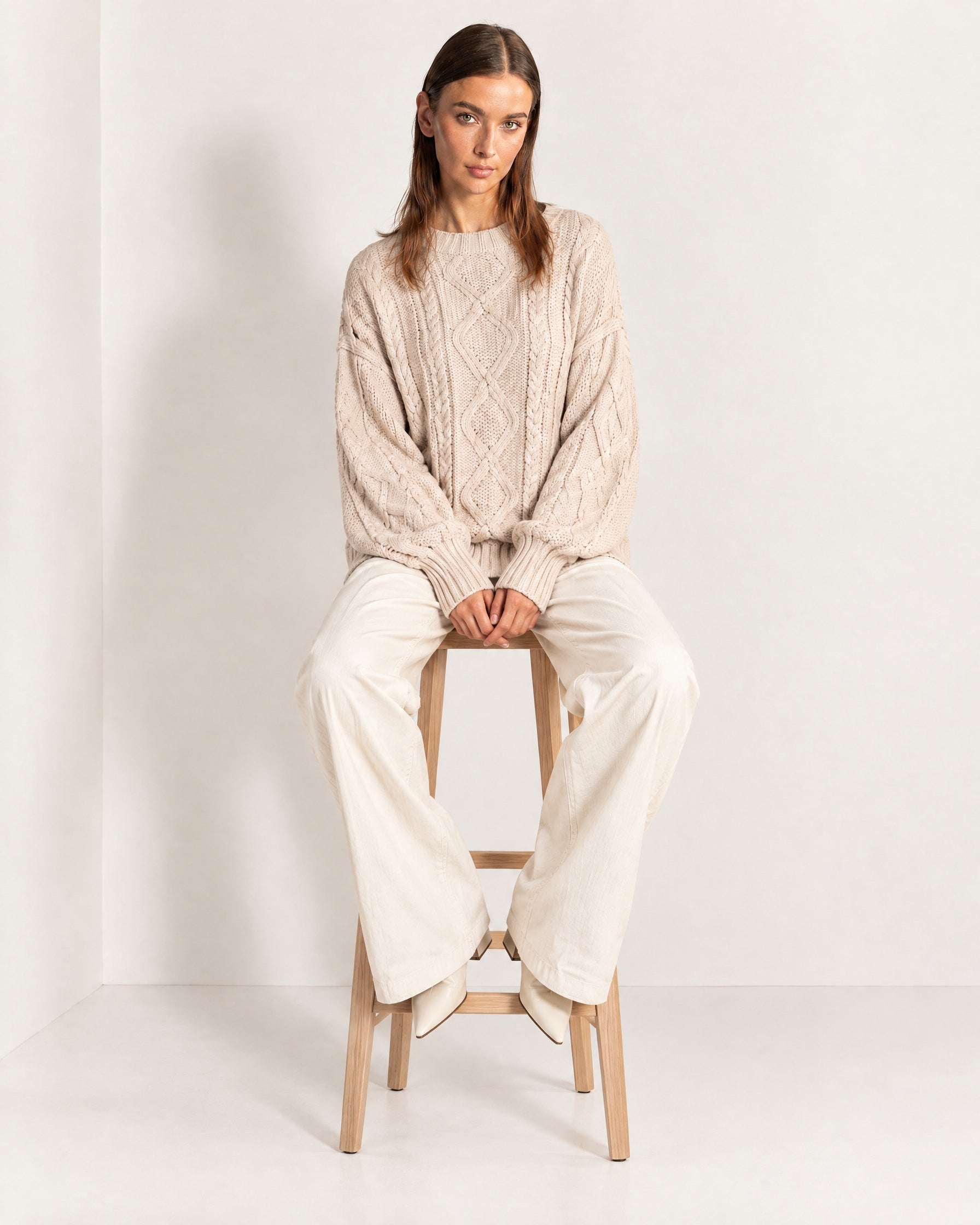 Beige Cable Knit Jumper Oversized Crew Neck Sweater with Diamond Pattern