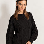 Black Cable Knit Jumper Oversized Crew Neck Sweater with Diamond Pattern