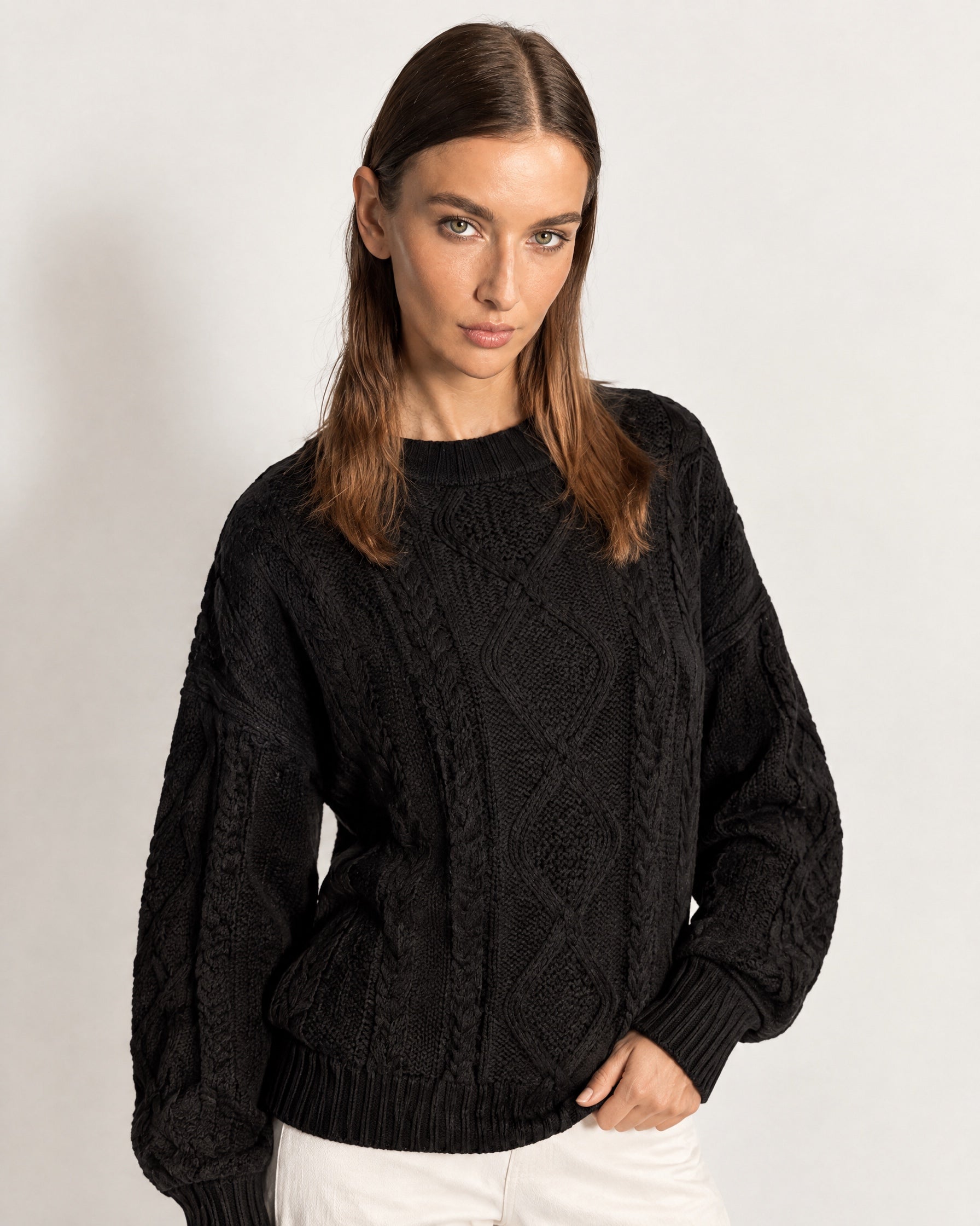 Black Cable Knit Jumper Oversized Crew Neck Sweater with Diamond Pattern