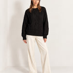 Black Cable Knit Jumper Oversized Crew Neck Sweater with Diamond Pattern