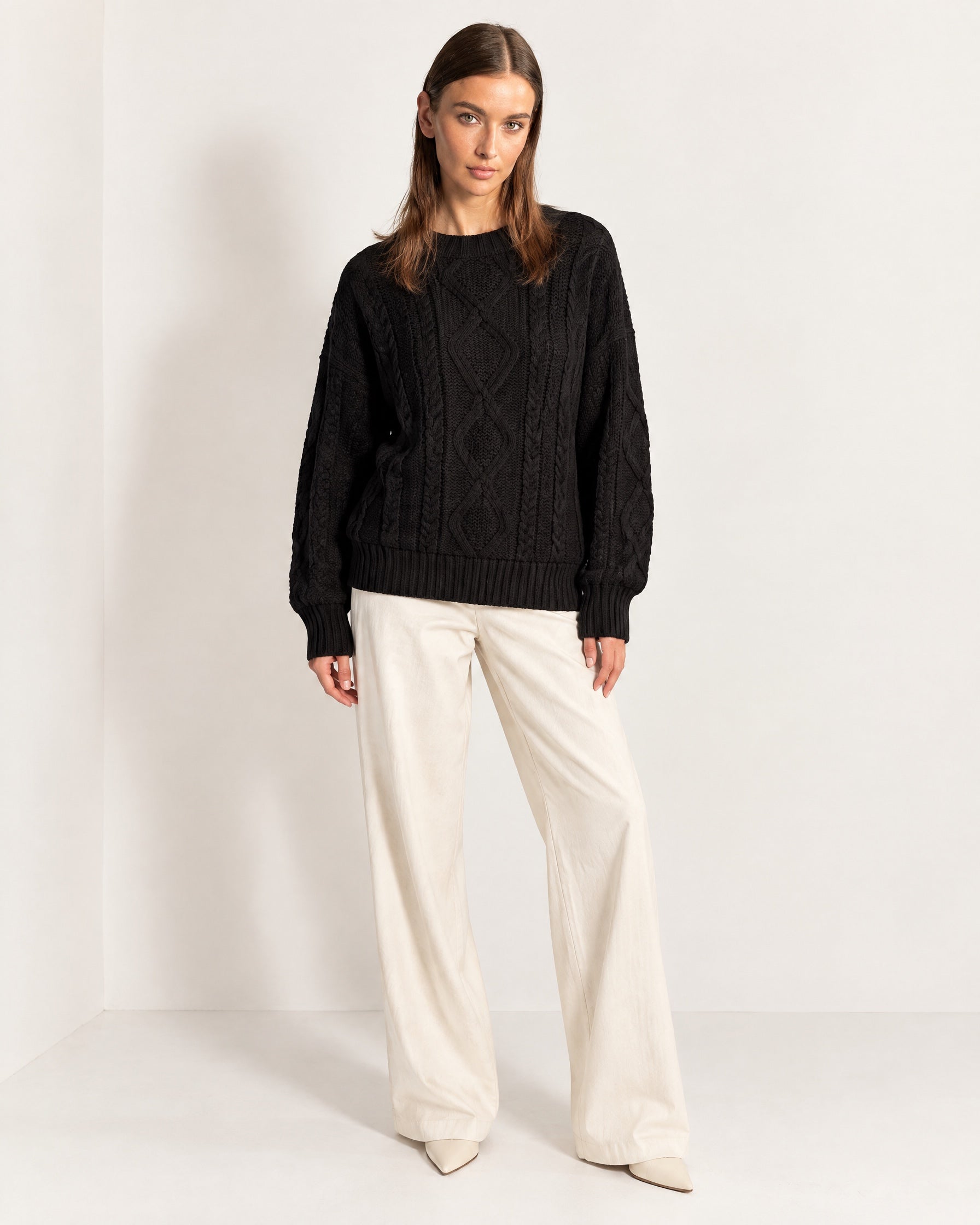 Black Cable Knit Jumper Oversized Crew Neck Sweater with Diamond Pattern