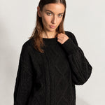 Black Cable Knit Jumper Oversized Crew Neck Sweater with Diamond Pattern