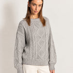 Grey Cable Knit Jumper Oversized Crew Neck Sweater with Diamond Pattern