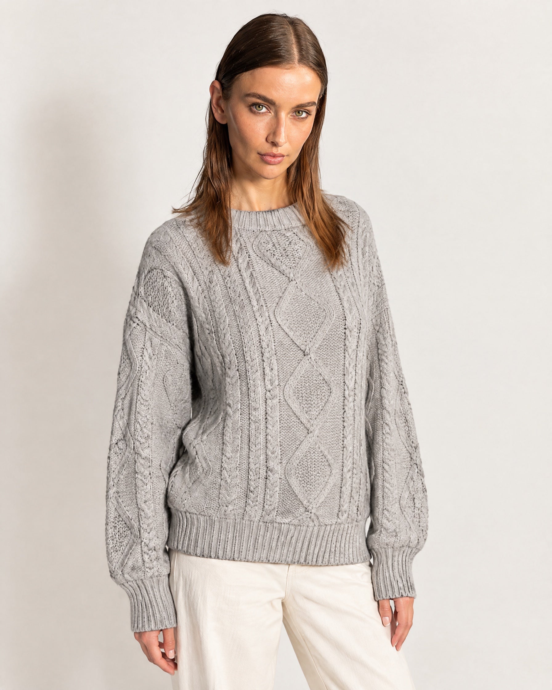 Grey Cable Knit Jumper Oversized Crew Neck Sweater with Diamond Pattern