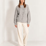 Grey Cable Knit Jumper Oversized Crew Neck Sweater with Diamond Pattern