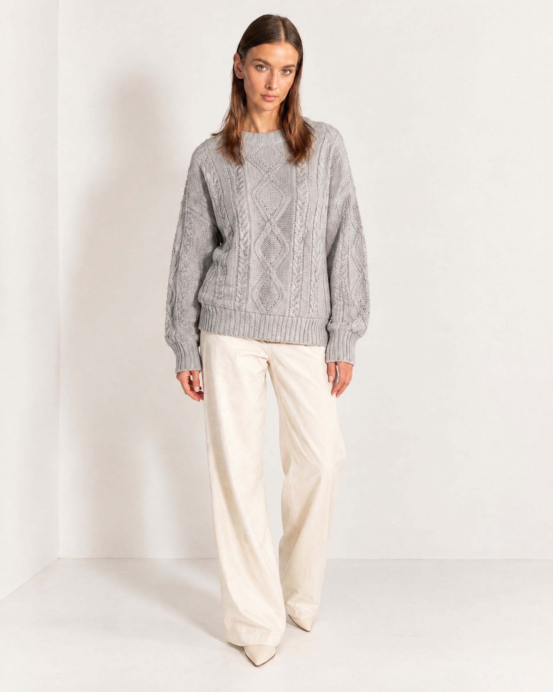 Grey Cable Knit Jumper Oversized Crew Neck Sweater with Diamond Pattern