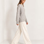Grey Cable Knit Jumper Oversized Crew Neck Sweater with Diamond Pattern