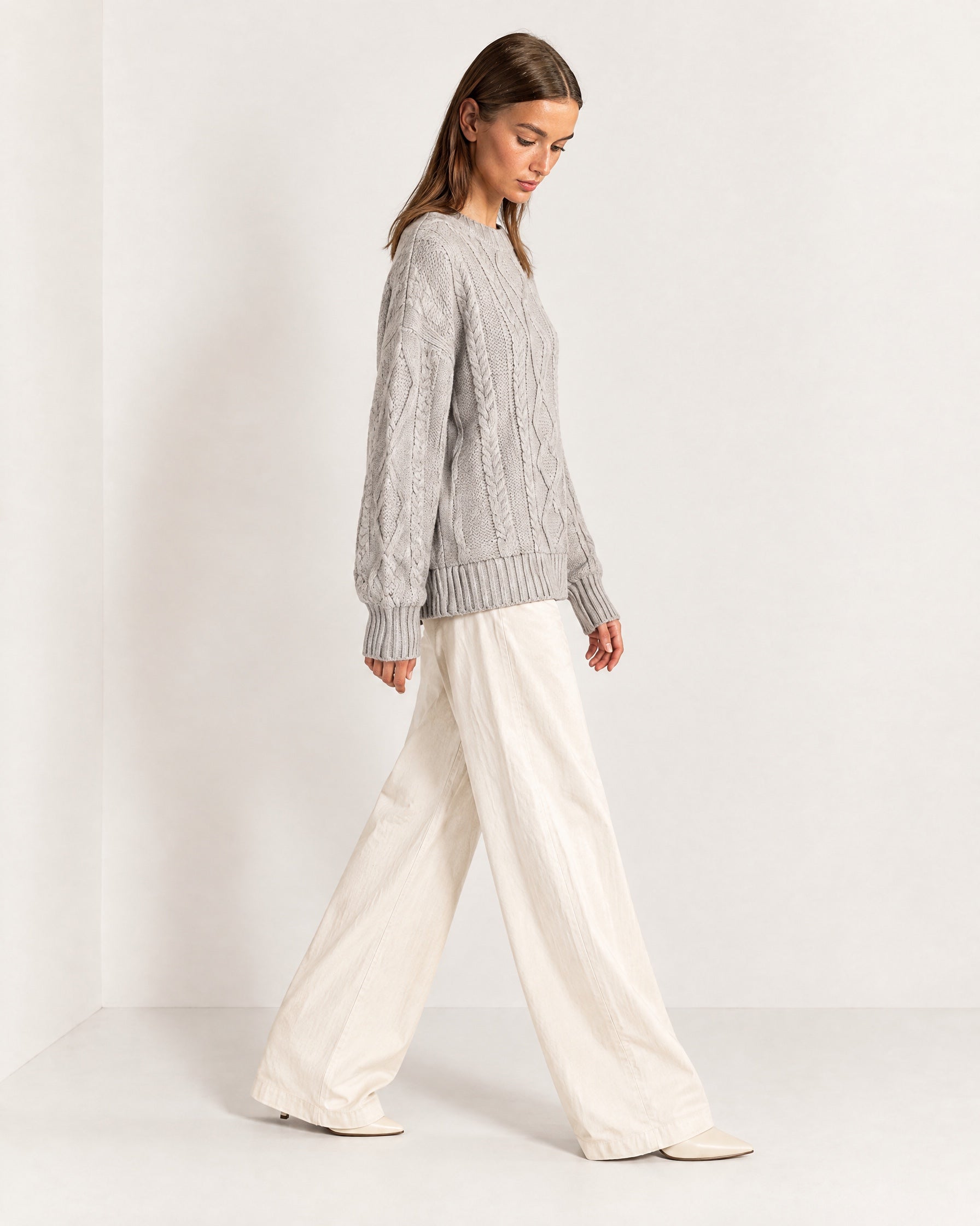Grey Cable Knit Jumper Oversized Crew Neck Sweater with Diamond Pattern
