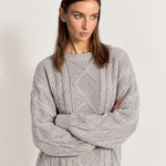 Grey Cable Knit Jumper Oversized Crew Neck Sweater with Diamond Pattern