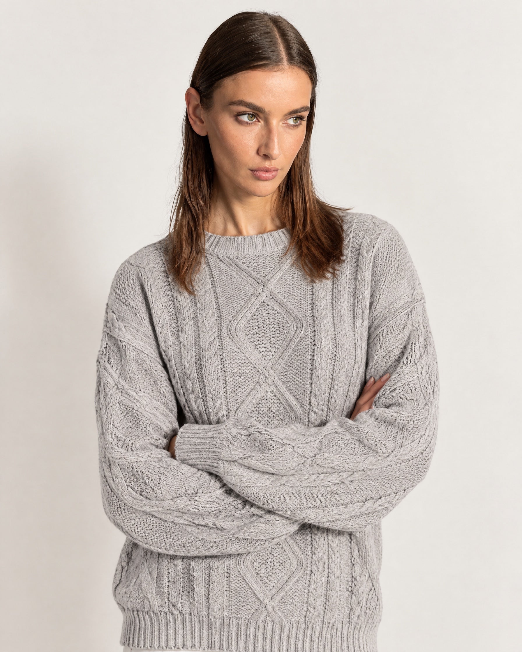 Grey Cable Knit Jumper Oversized Crew Neck Sweater with Diamond Pattern