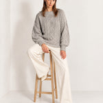 Grey Cable Knit Jumper Oversized Crew Neck Sweater with Diamond Pattern