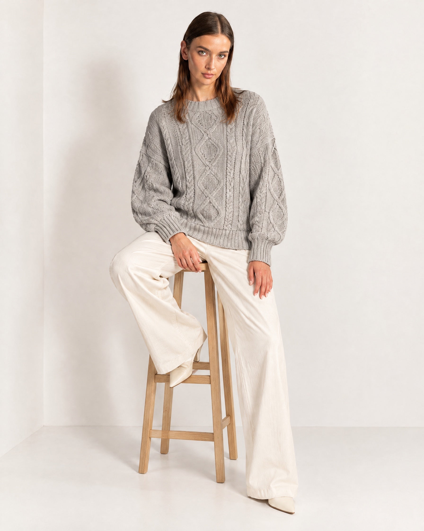 Grey Cable Knit Jumper Oversized Crew Neck Sweater with Diamond Pattern