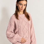 Pink Cable Knit Jumper Oversized Crew Neck Sweater with Diamond Pattern