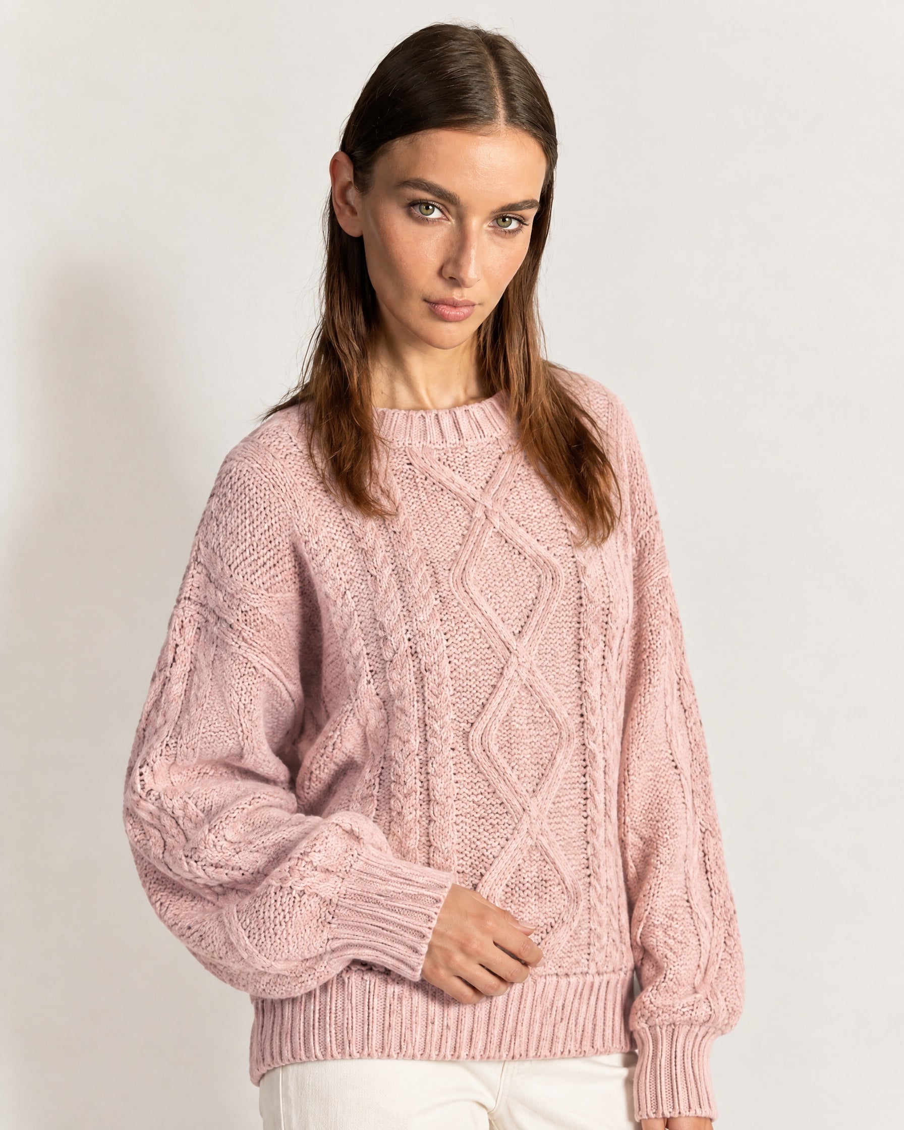 Pink Cable Knit Jumper Oversized Crew Neck Sweater with Diamond Pattern