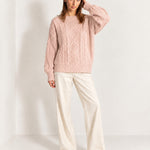 Pink Cable Knit Jumper Oversized Crew Neck Sweater with Diamond Pattern