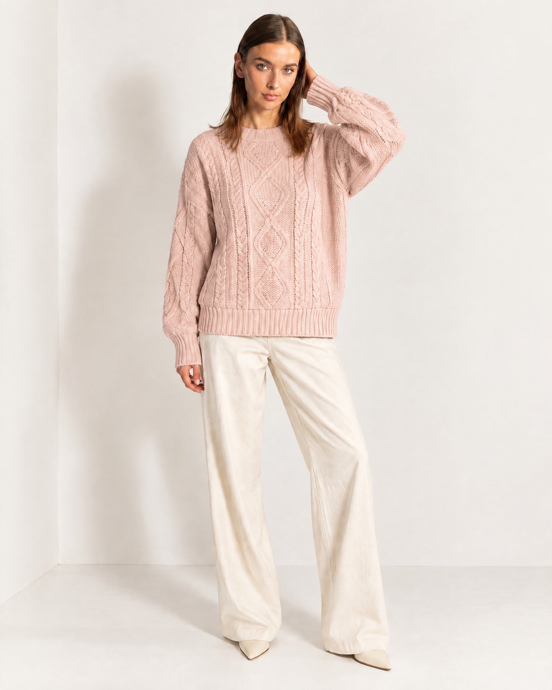 Pink Cable Knit Jumper Oversized Crew Neck Sweater with Diamond Pattern