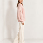 Pink Cable Knit Jumper Oversized Crew Neck Sweater with Diamond Pattern