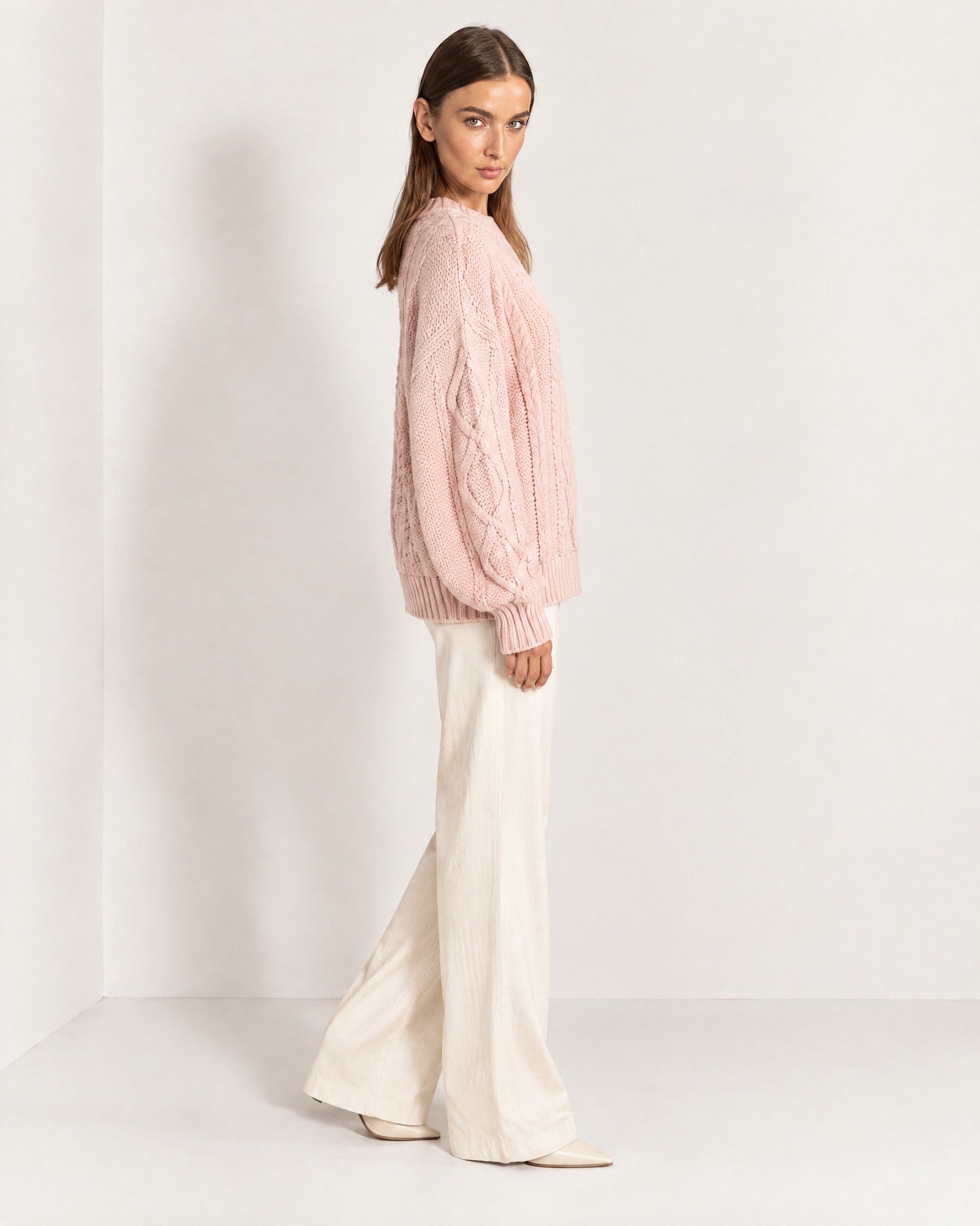 Pink Cable Knit Jumper Oversized Crew Neck Sweater with Diamond Pattern