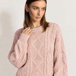 Pink Cable Knit Jumper Oversized Crew Neck Sweater with Diamond Pattern