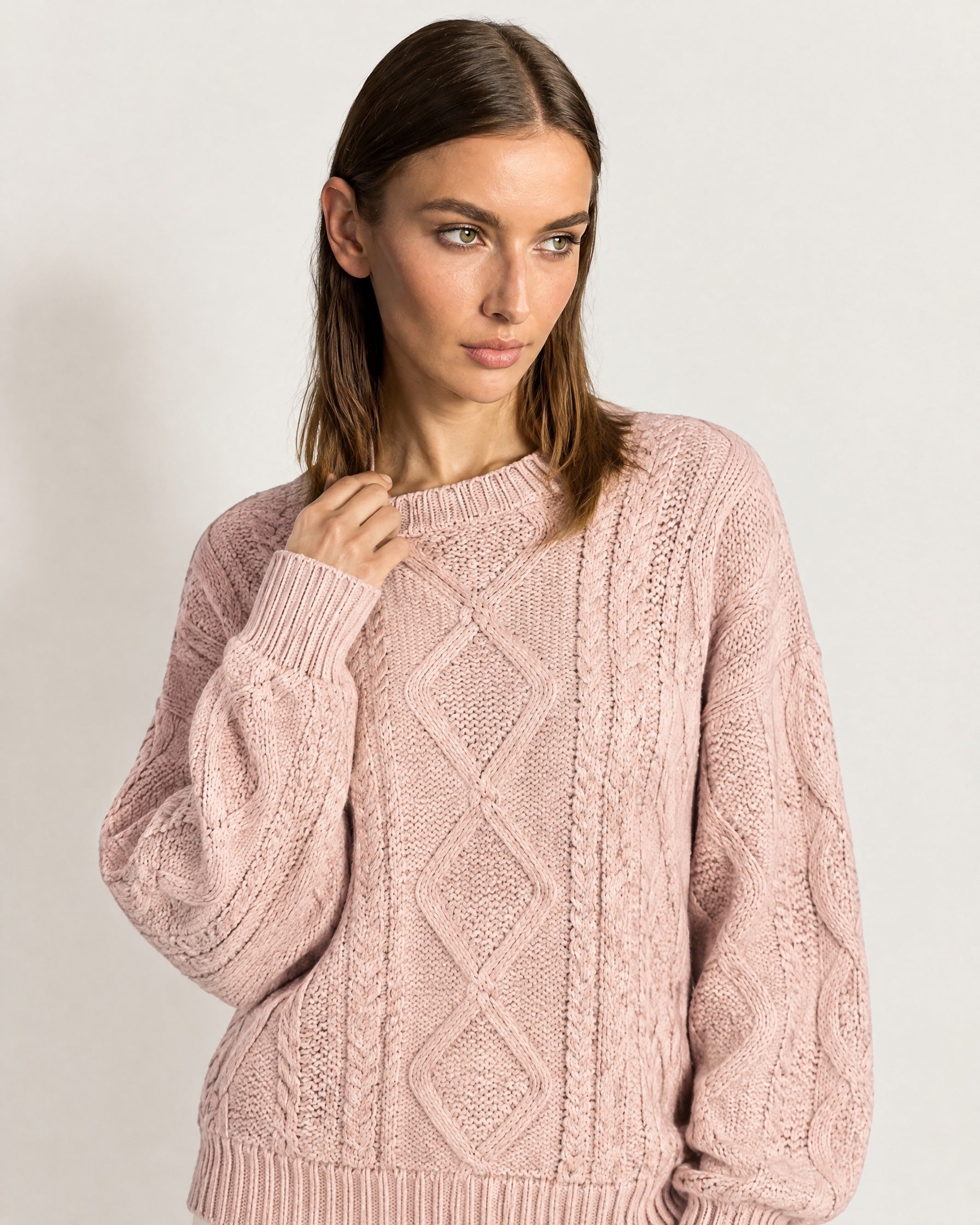 Pink Cable Knit Jumper Oversized Crew Neck Sweater with Diamond Pattern