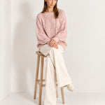 Pink Cable Knit Jumper Oversized Crew Neck Sweater with Diamond Pattern