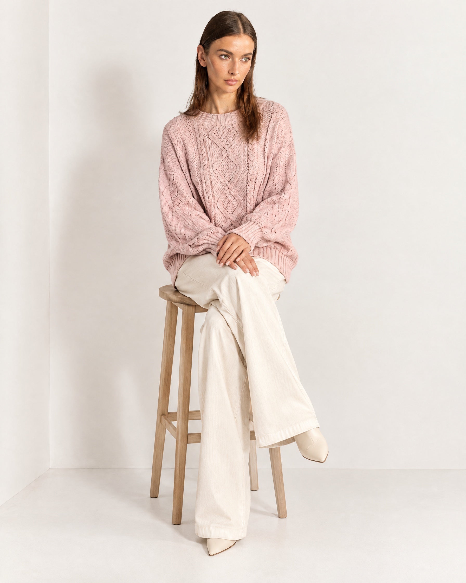 Pink Cable Knit Jumper Oversized Crew Neck Sweater with Diamond Pattern