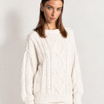 White Cable Knit Jumper Oversized Crew Neck Sweater with Diamond Pattern