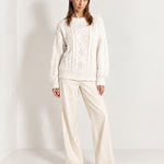 White Cable Knit Jumper Oversized Crew Neck Sweater with Diamond Pattern